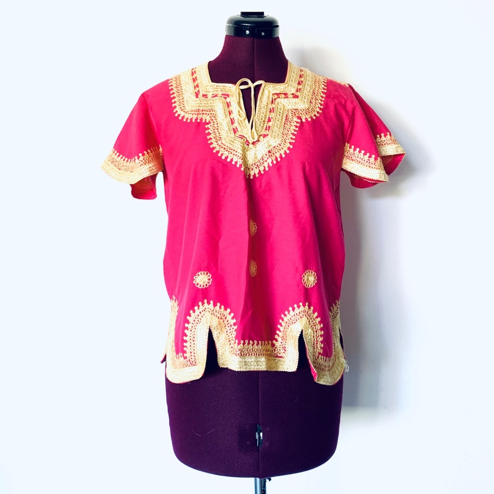 70s Pink Top Embroidered Indian Tunic Gold XS S